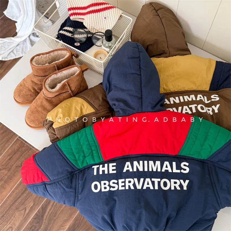 2025 Winter New Children Plus Velvet Thick Warm Coat Letter Print Boys Down Jackets Baby Girls Hooded Padded Jacket Kids Clothes