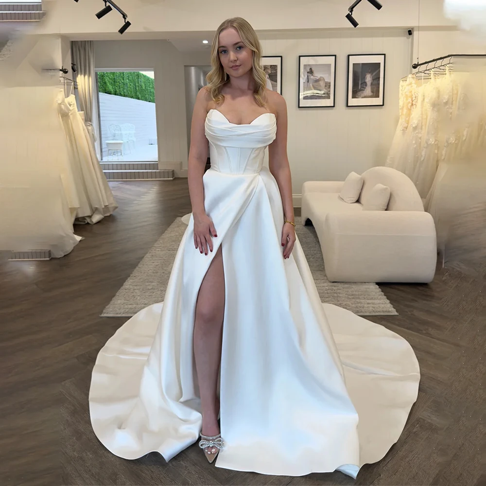 

Luruxious V-neck Pleat Satin A Line Wedding Dresses Side Slit Sweep Train Side Slit Custom Made 2025 Vestido De Noival