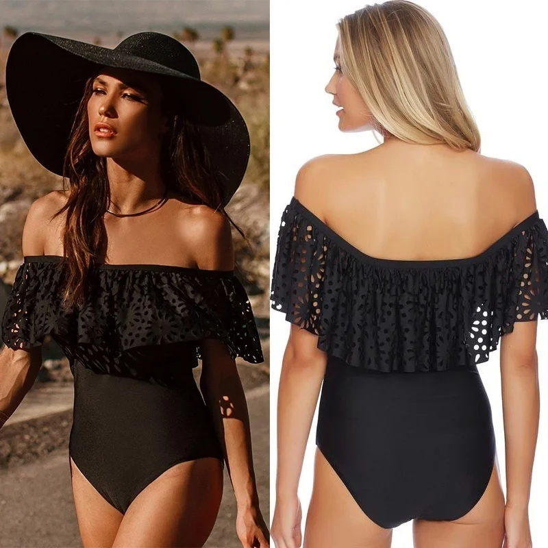 Czarny Sexy Off The Shoulder solidna wzburzyć jednoczęściowy strój kąpielowy kobiety wysokiej elastyczna strój kąpielowy Monokini kostiumy kąpielowe