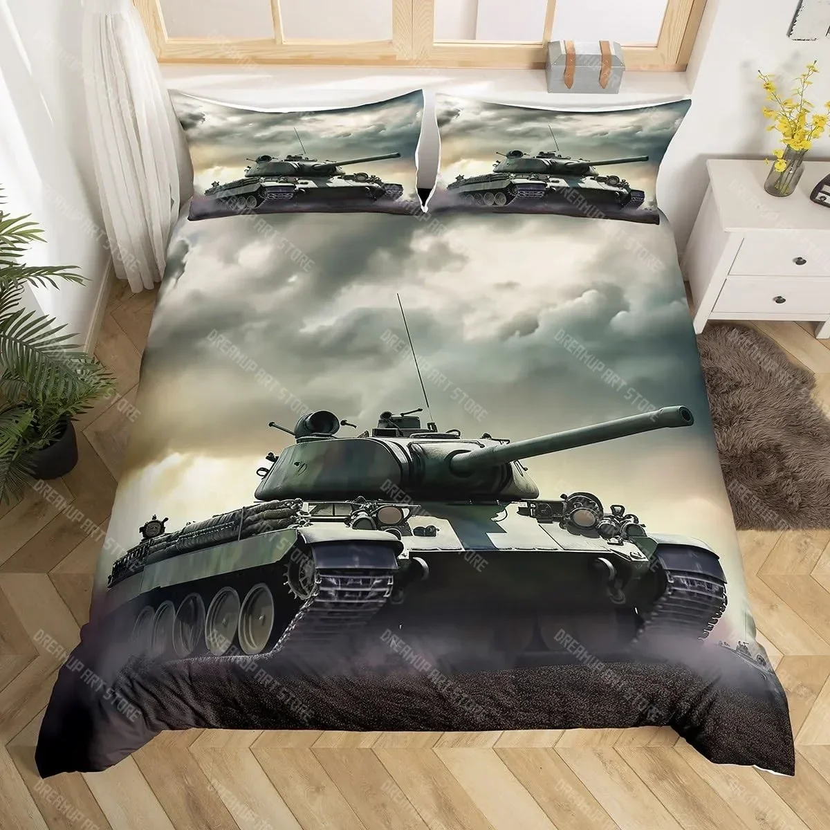 2026 War Theme Duvet Cover Set Twin Size, Army Aircraft Tanks Comforter Cover, Retro Green Camouflage Bedding Set