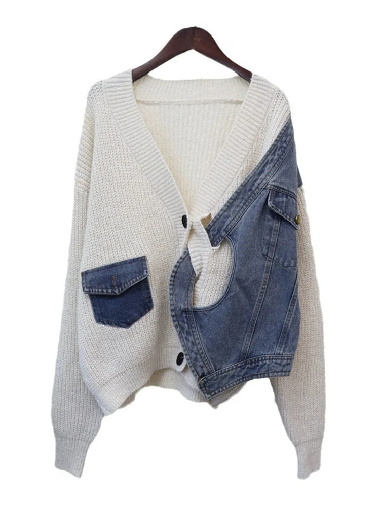 DEAT Spliced Denim Knitted Cardigan For Women Loose Casual Versatile Sweater Jacket Female Trend 2024 Autumn New Items 33A2097