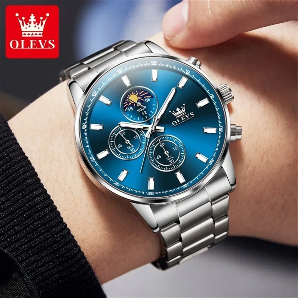 OLEVS-Reloj de pulsera de lujo para hombre, cronógrafo luminoso, fase lunar, resistente al agua, clásico