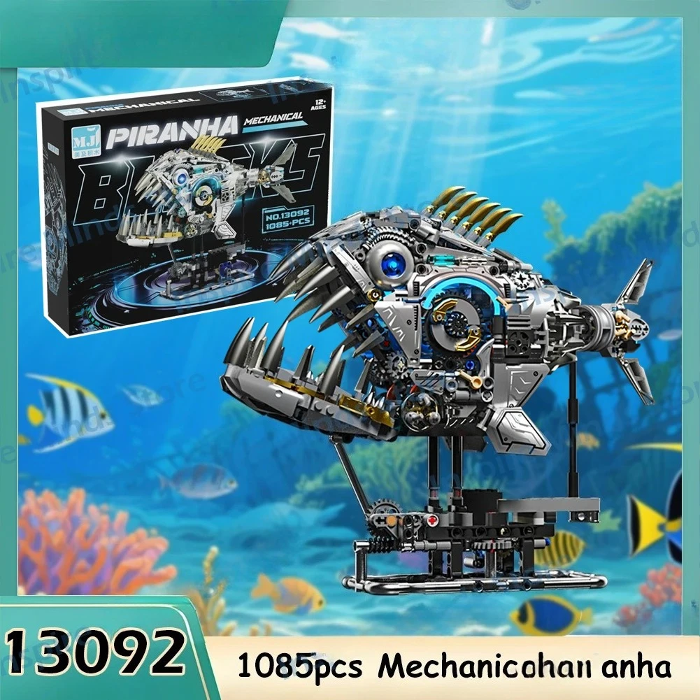 

1085PCS MOC Mechanical Piranha Animal Model Creative Building Blocks Set LED Light Marine Animal Linkage DIY Educational Toy