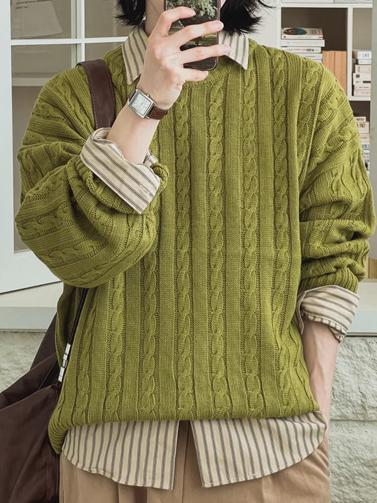 SYUHGFA بلوفرات متماسكة على الطراز الكوري سترات رجالية عتيقة برقبة دائرية سترة حياكة تناسب الجميع سترة رجالية تناسب شتاء 2025