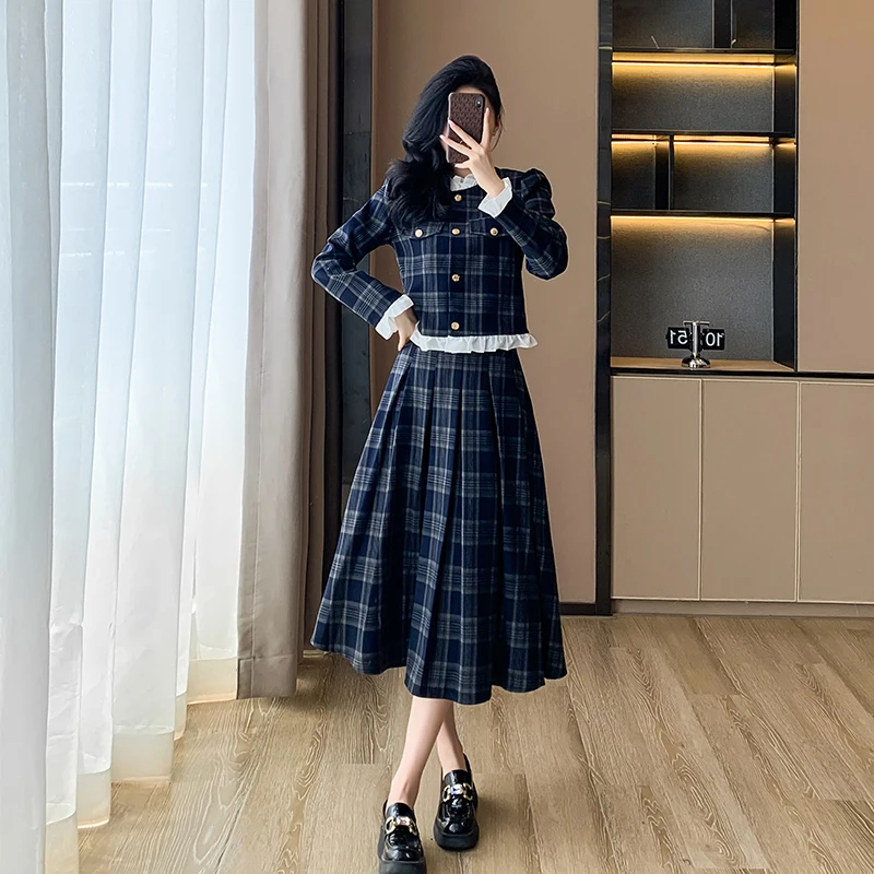 New Luxury Autumn Plaid Two Piece Set Designer Women Ruffles Single Breasted Short Tops + High Waist A Line Pleated Skirts Suits