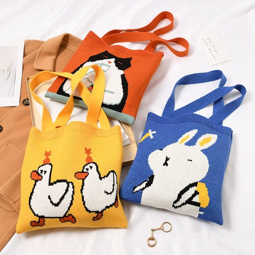 Cartoon Shopping Bags Niche Design Women Girls Knit Handbag Knot Wrist Bag Tote Bag Handmade