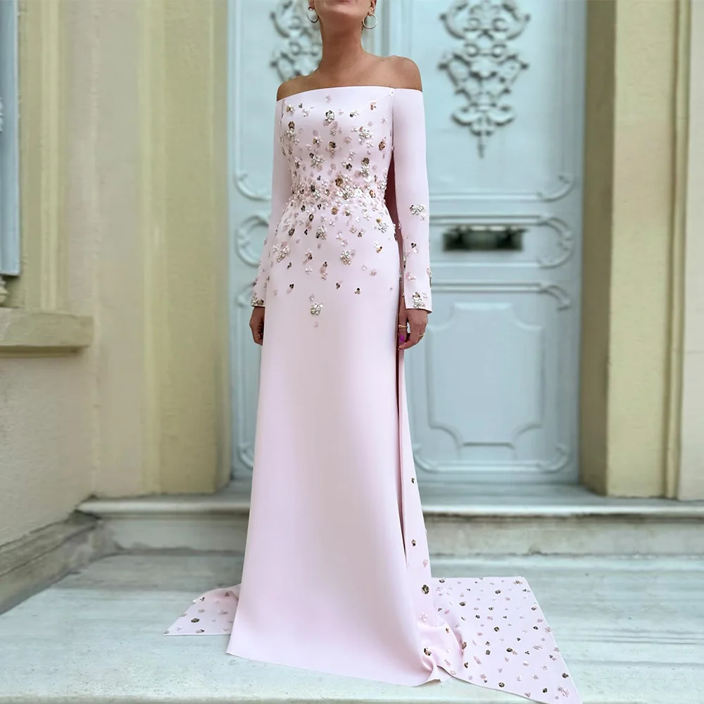 Pink Sequined Crystal Luxury Evening Dress Customized Off The Shoulder Long Sleeves Evening Gowns Long A Line Formal Party Gown