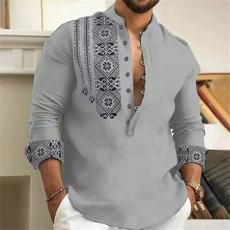 2024 Popular New Hawaiian Pailuo Shirt Long sleeved Stand up Neck Four Button Shirt Soft and Comfortable Fashion Popular Shirt X