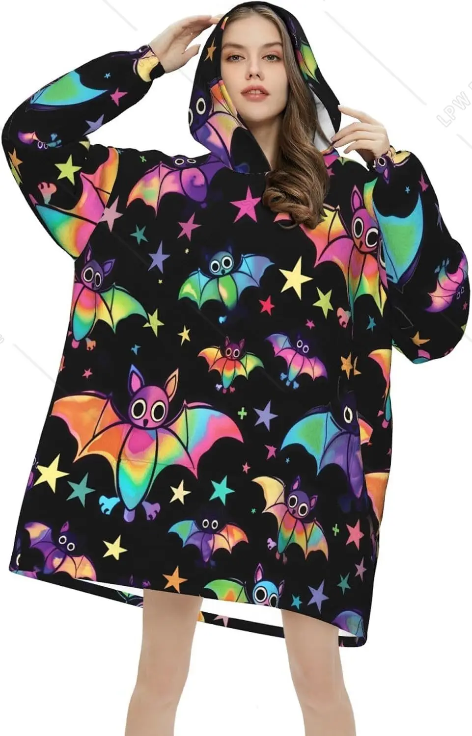 Colorful Halloween Bat Wearable Blanket Hoodie Oversized Sweatshirt Blanket Cozy Warm Sherpa Hooded Blanket With Pocket