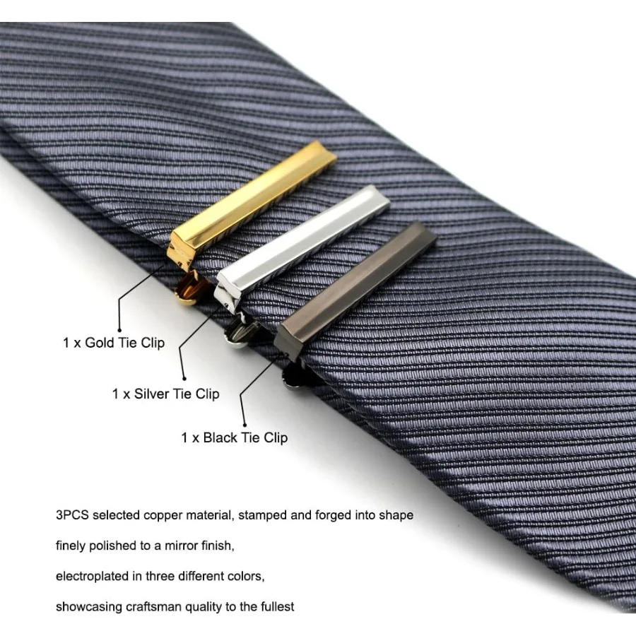 Простой набор узких зажимов для галстука из 3 предметов золотого, серебряного и черного цвета длиной от 1,5 до 2 дюймов, идеально подходящий для свиданий, деловых встреч, Wed