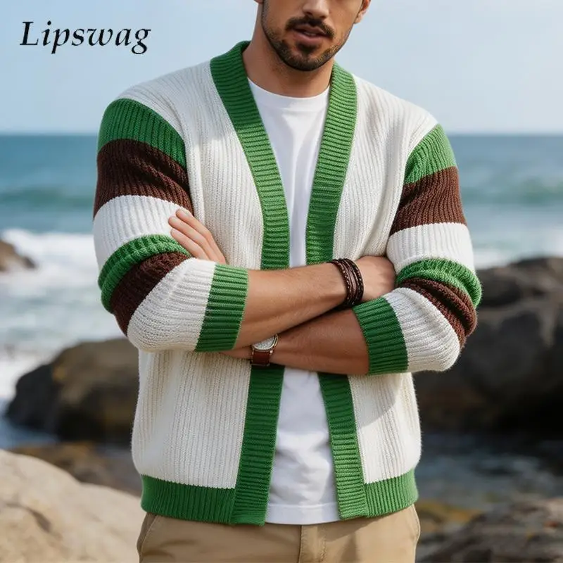 Fashionable V Collar Knitting Outerwear Mens Vintage Contrast Color Knit Cardigan Men 2026 Fall Winter Warm Long Sleeve Coats