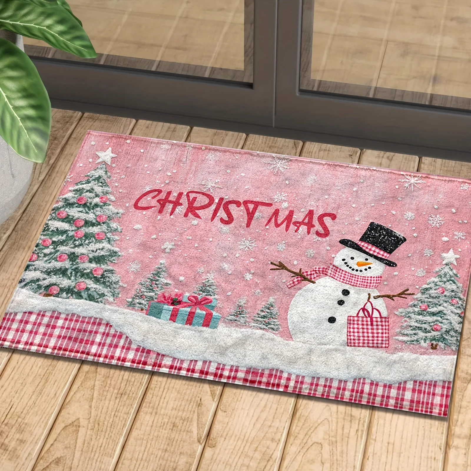 Christmas Theme Pink Snowman Bathroom Non-silp Doormats Suitable for Living Room Entrance Decorative Accessories Pad Bedroom Rug