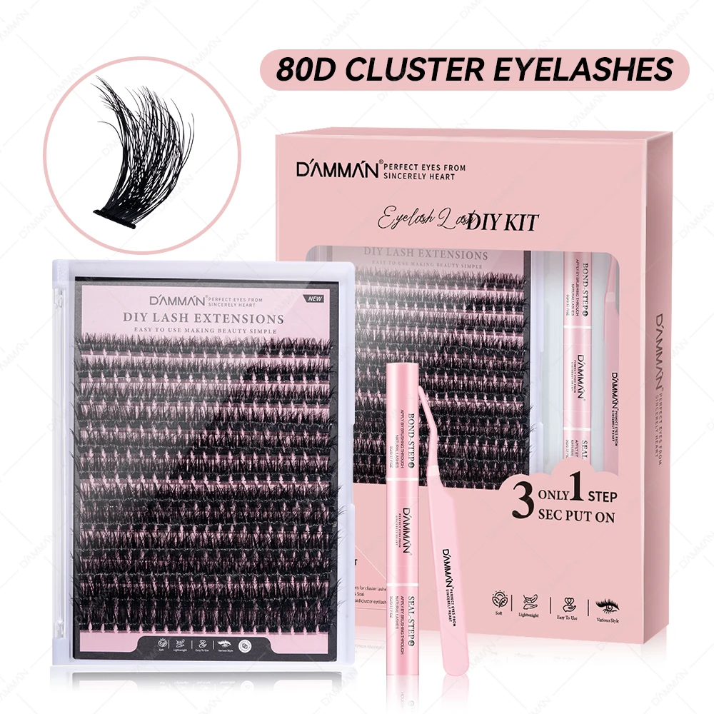 240 Cluster Lash DAMMAN Kit di estensione ciglia D Curl Mix 8-16mm Ciglia finte con legame e sigillo Pinzette per ciglia Strumenti per il trucco