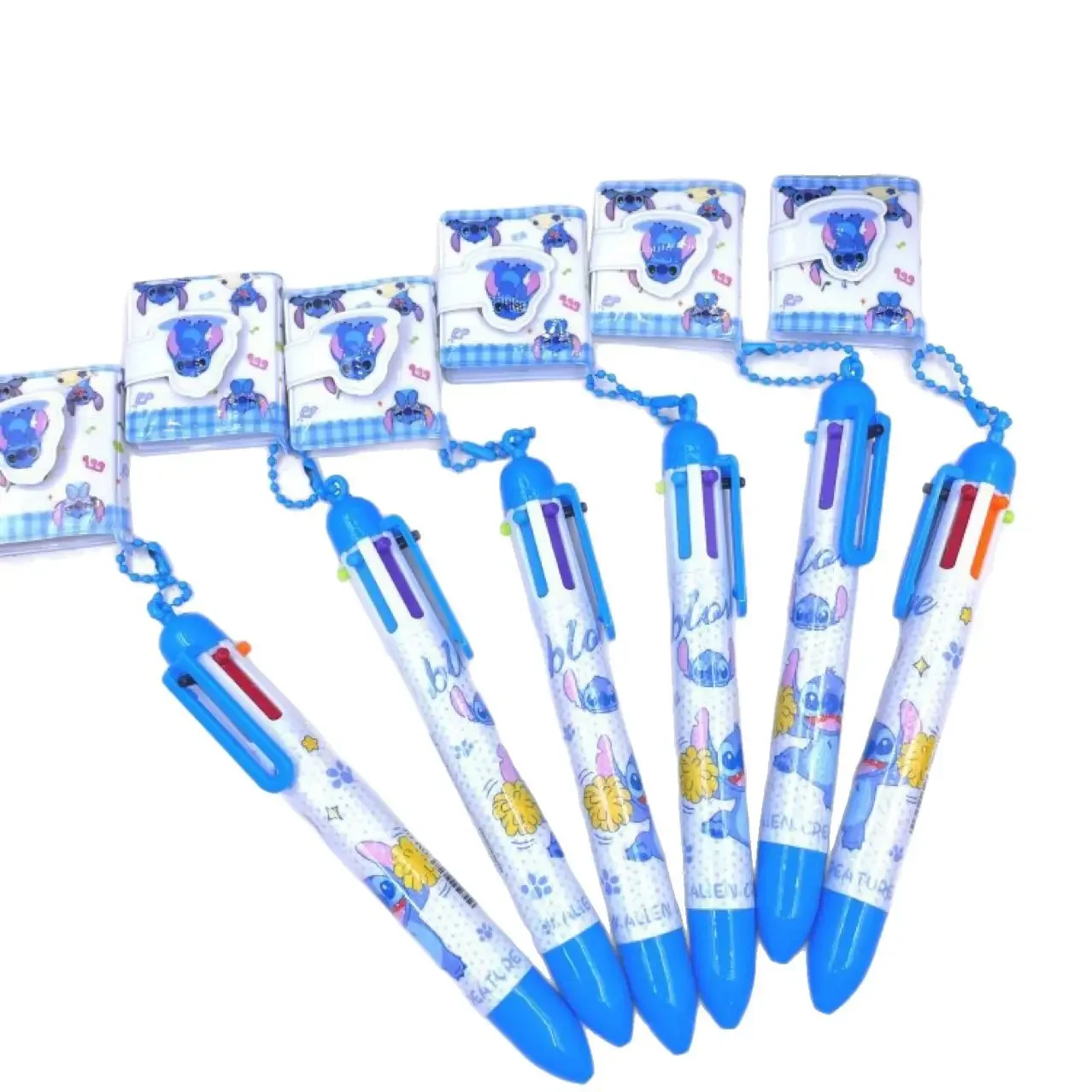Disney Stitch 6color Ballpoint Pen Pendant Mini Notebook, High-Value Cartoon Retractable Multi-Color Pen for Students' Journals