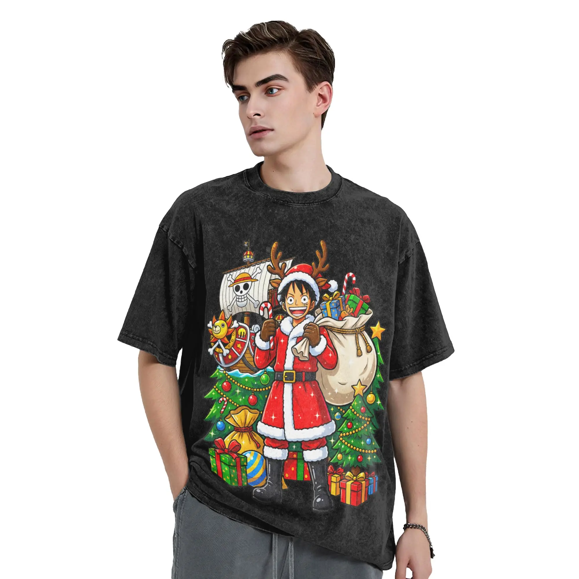 Anime Ones Pieces Luffy Christmas Washed T Shirt Streetwear Vintage T-Shirts Tees for Men Women Short Sleeve Harajuku Printed