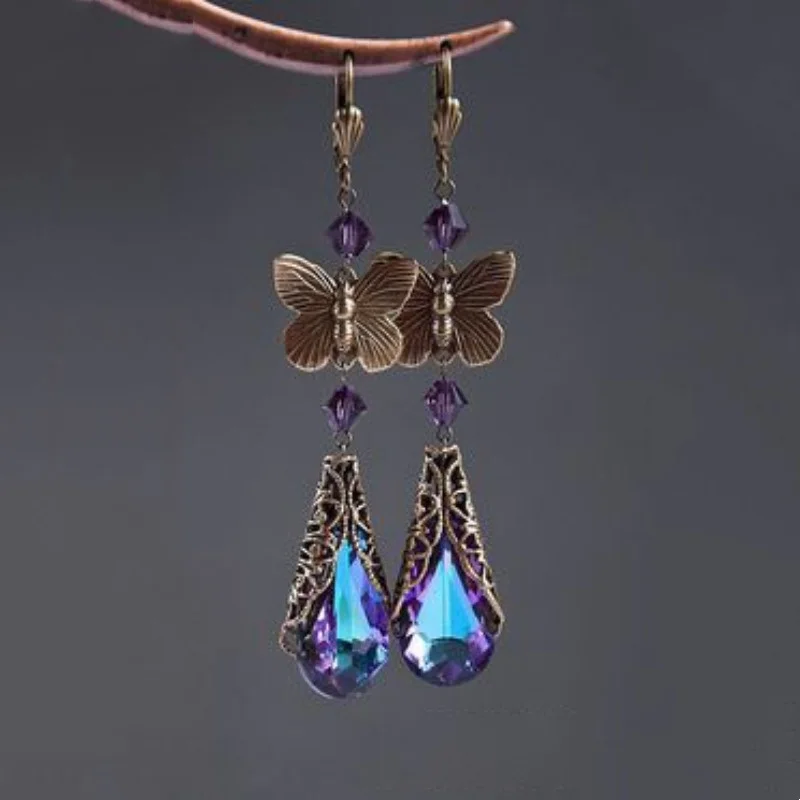 BKBK Vintage Bronze Butterfly Purple AB Teardrop Crystal Long Dangle Women Earrings Wedding Earrings Fashion Jewelry Gift for Teen Girls Bride Mom Christmas Valentine 4th July Evening Party Accessories