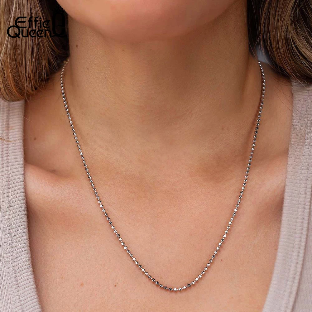 Effie Queen Fashion 1.0/1.5/2.0mm Ball Faceted Bead Chain Necklace for Women 925 Sterling Silver Necklace Birthday Jewelry SC77