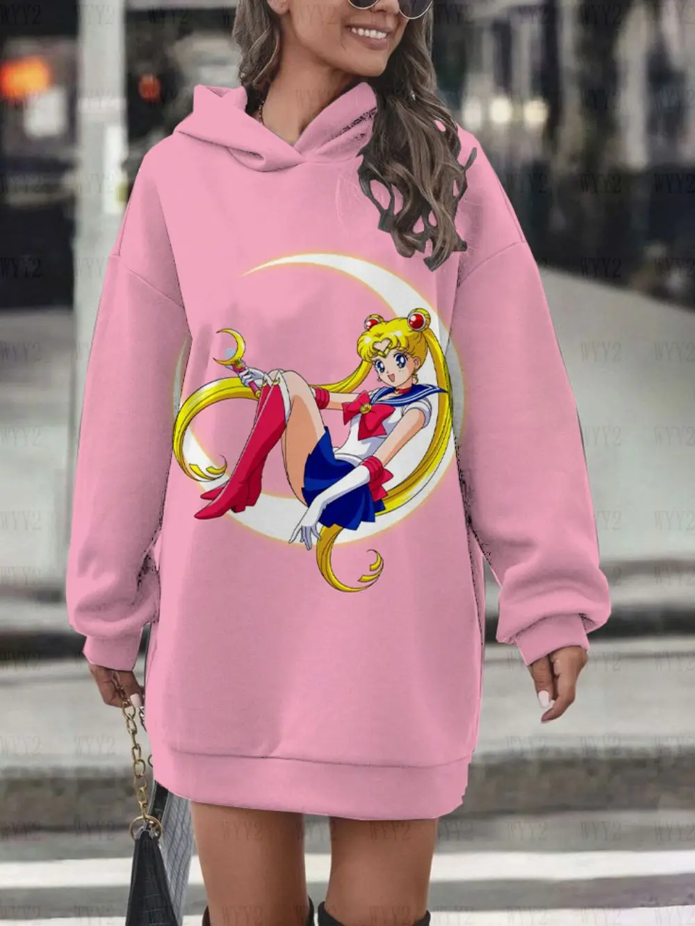 Cute sweet mid-length sweater dress Sailor Moon print casual age-reducing long sleeve Korean fashion hoodie dress