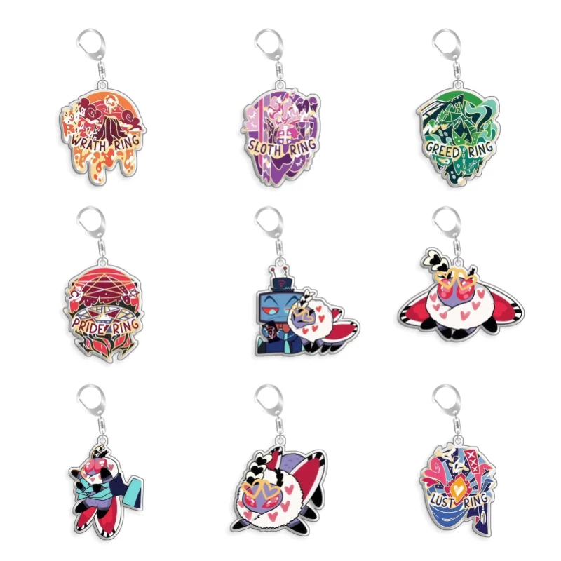 Hazbin Hotel : Porte-clés en acrylique fait main, pendentif et breloque de sac, motifs Bague de la Colère, Bague de la Greed, Vox, Stolas, collection jeu et anime, jouet cadeau 5cm