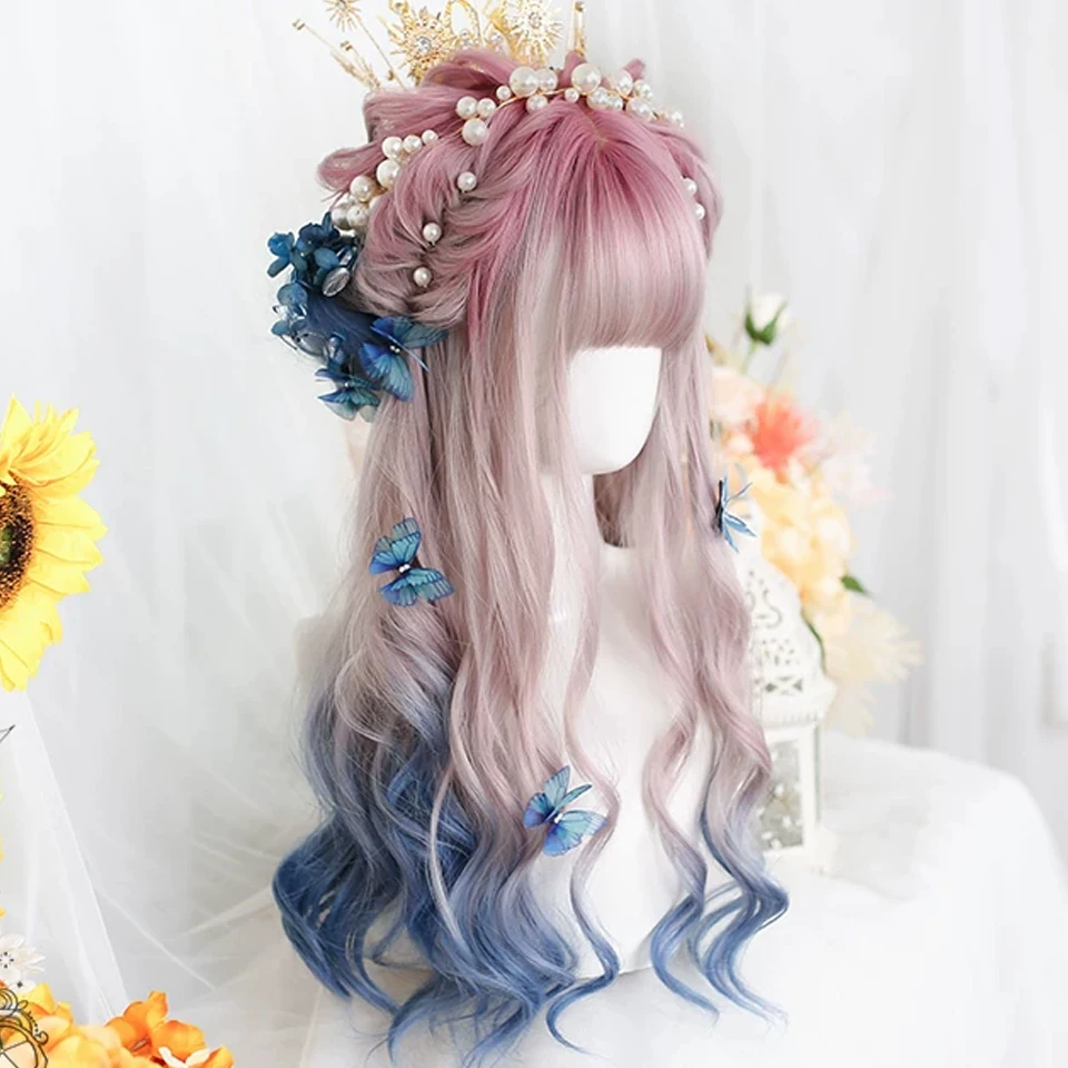 Pink Ombre Blue Long Big Wavy Cosplay Wigs Heat Resistant Synthetic Wigs With Bangs Natural Lolita Wigs For Women