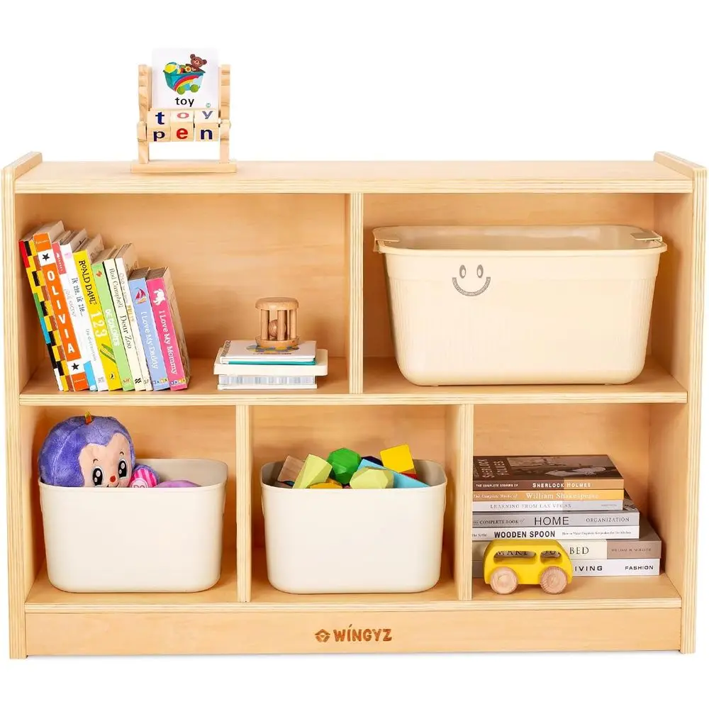 

wingyz Wood Storage Shel Organizer, 35.4" L, 5-Section Montori Kids Toy & Book Shel, Wooden Cabinet or Kids Rooms, Playroom, Cla