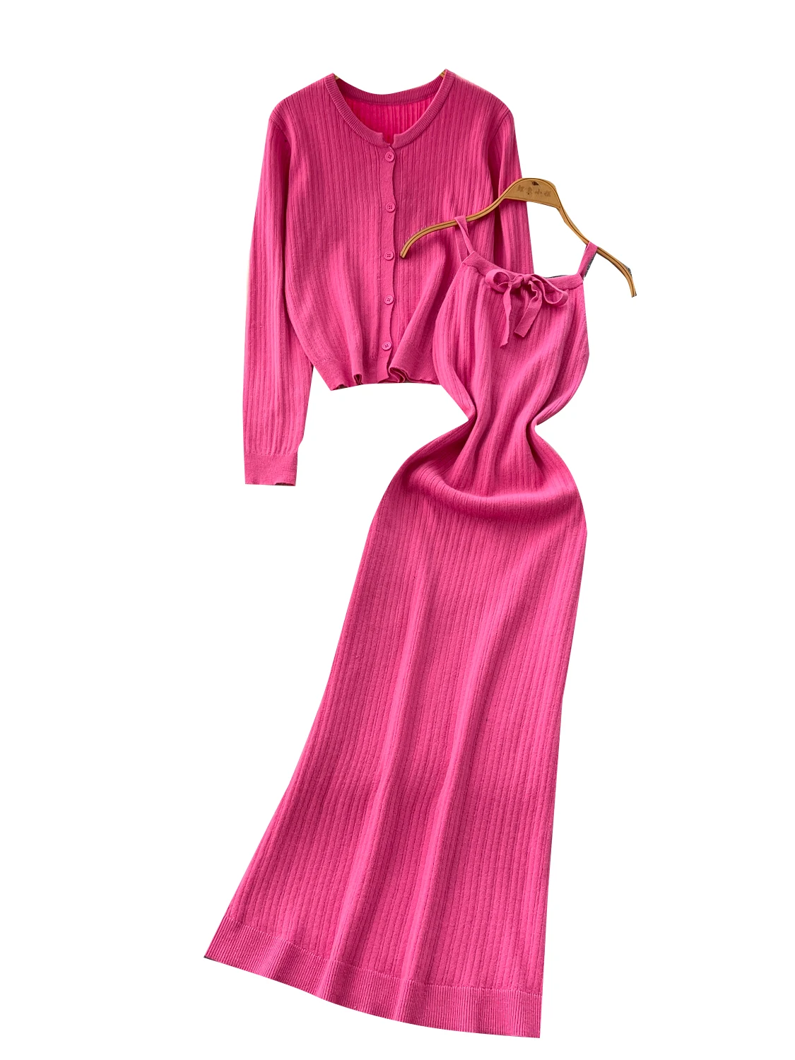 Conjunto E de Vestido de Punto y Cárdigan Abierto de Manga Larga para Mujer, Top con Cinturón de Cintura Alta, Talla G...