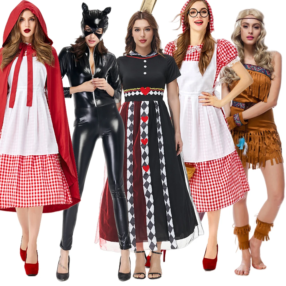 

loween Indian Poker Queen Girl Motorcycle Suit Little Red Riding Hood Farm Theme Women's Costume Traditional Ethnic St...
