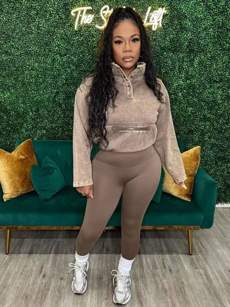 

Weird Puss Washed Distressed комплект из 2 предметов, женская водолазка на пуговицах, пуловер с длинными рукавами + леггинсы с высокой талией, повседневные трендовые спортивные костюмы