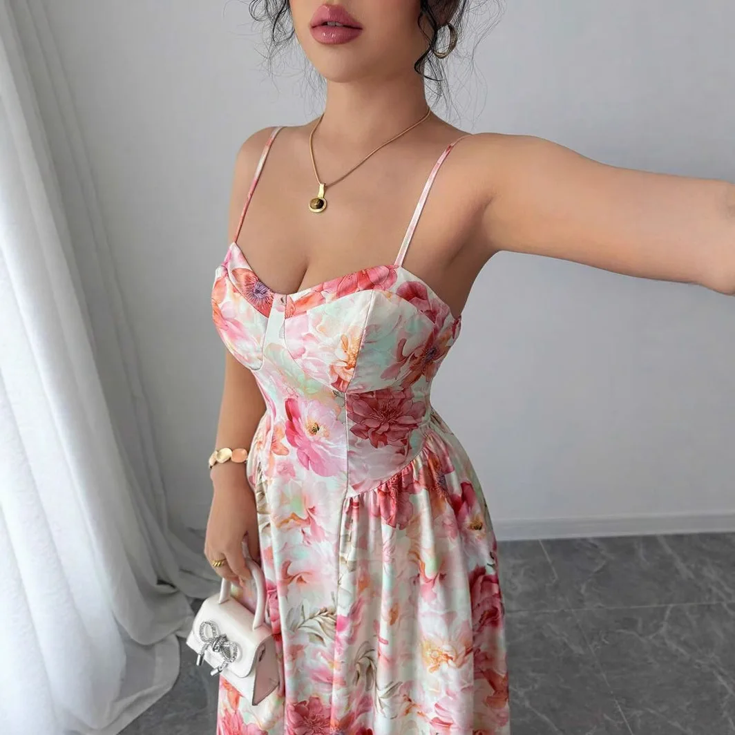 Letnia sukienka na ramiączkach damska z głębokim dekoltem, seksowna sukienka na ramiączkach, odkryte ramiona, modna, długa sukienka wieczorowa w stylu wróżki, długa sukienka na ramiączkach spaghetti.