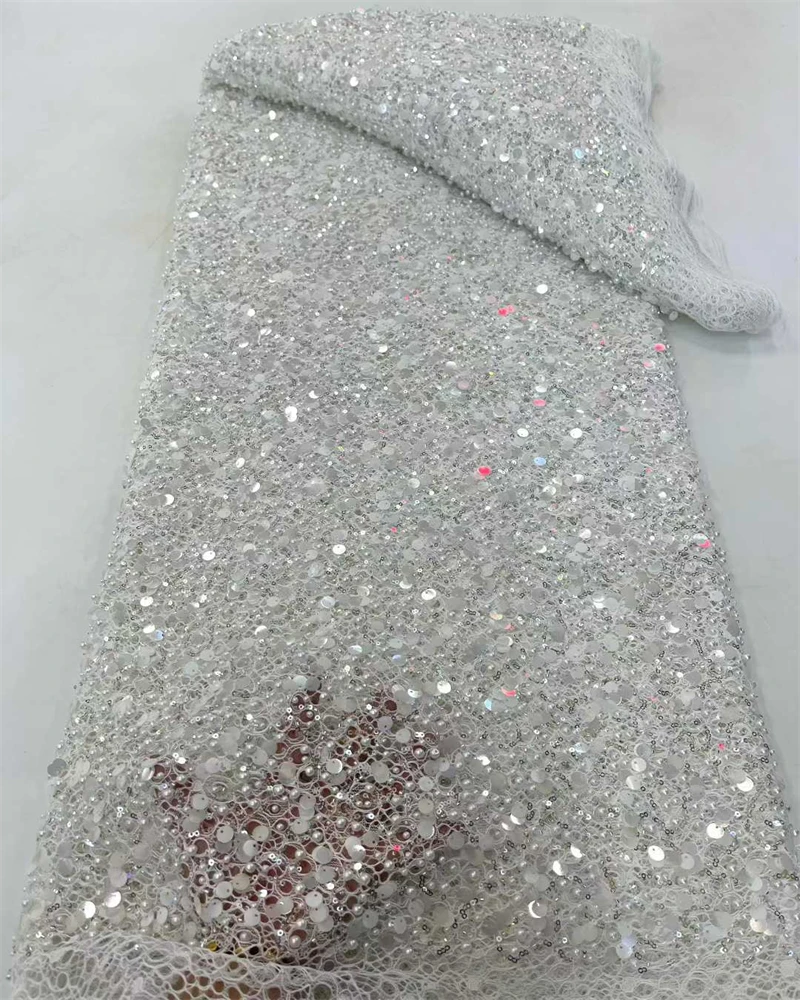 アフリカンスパンコールレース生地 2025年 5ヤード 高品質レース フランスナイジェリアビーズレース生地 ドレス、ウェディング、パーティーの縫製用