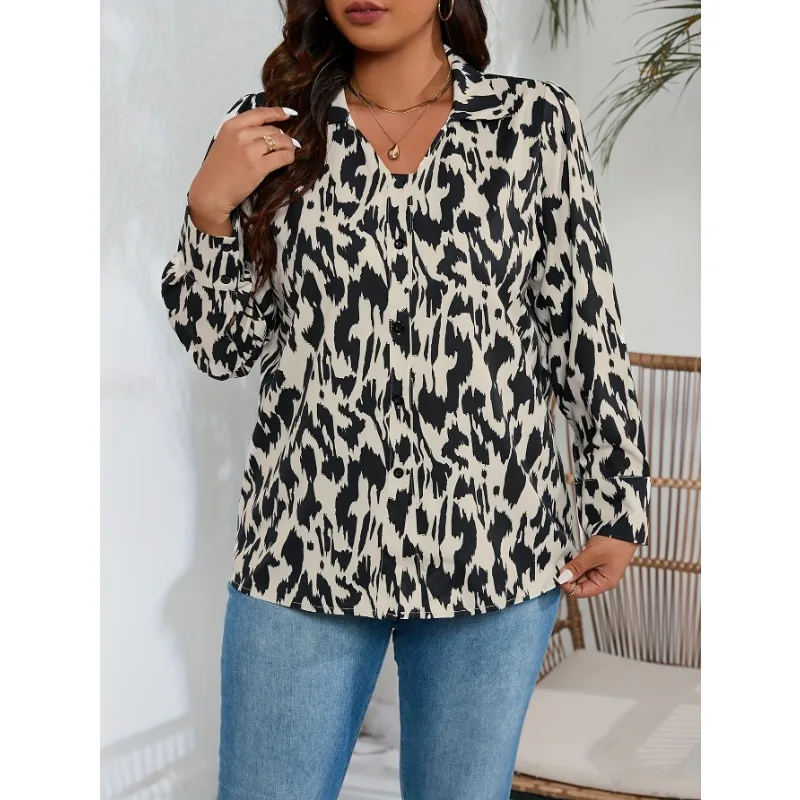 قميص نسائي مقاس كبير مطبوع كاجوال وعصري بأكمام طويلة فضفاض ومتعدد الاستخدامات