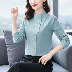 Simplicity Office Lady Summer Cotton Hemp Women's Stand Solid Double Breasted Temperament Fashion Loose Long Sleeve Shirts Tops