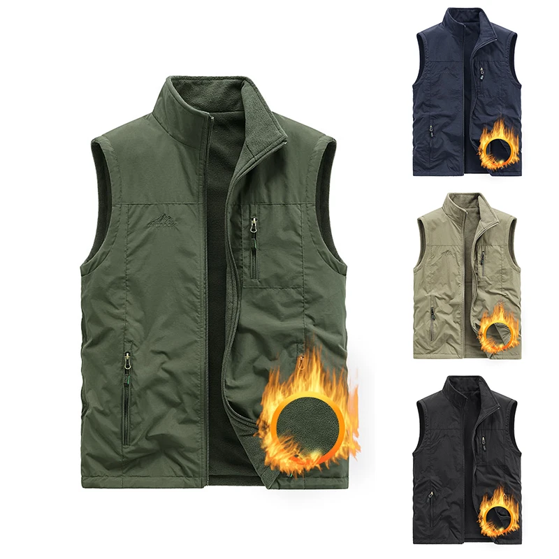 

Winter Outdoor Sports Vest Men Fleece Warm Sports Running Vest Male Loose Standing Collar Reversible Sleeveless Fleece Warm Vest