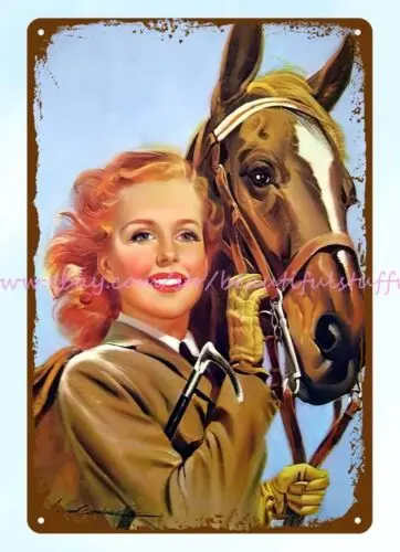 cabin decor 1950s cowgirl horse art by Howard Connolly metal tin sign