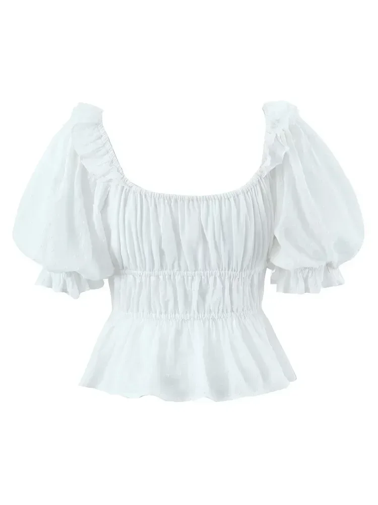 

2023 Spring Summer New Casual Sweet Cute Square Neck Waist Fungus Edge Slim Short Blouse Crop Top Women Shirt