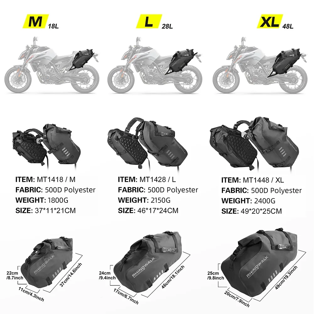 Rhinowalk Motorcycle Bag 18L/28L/48L 2PCS 100% Waterproof Motorcycle Pannier Bag Universal Fit Motorbike Motorbike Heat shield