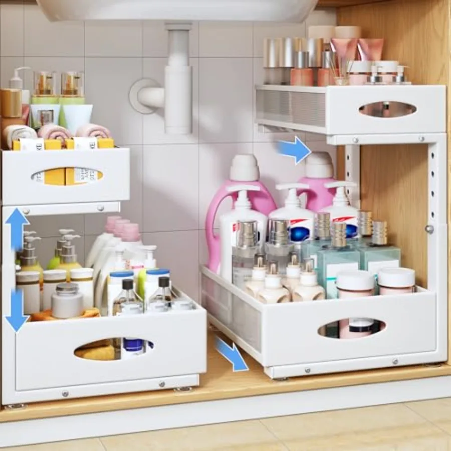 

Under Sink Organizer, 2 Pack 2 Tier Pull Out Under Cabinet Organizer Shelf with Pad for Framed Cabinets, Metal Slide Out Under