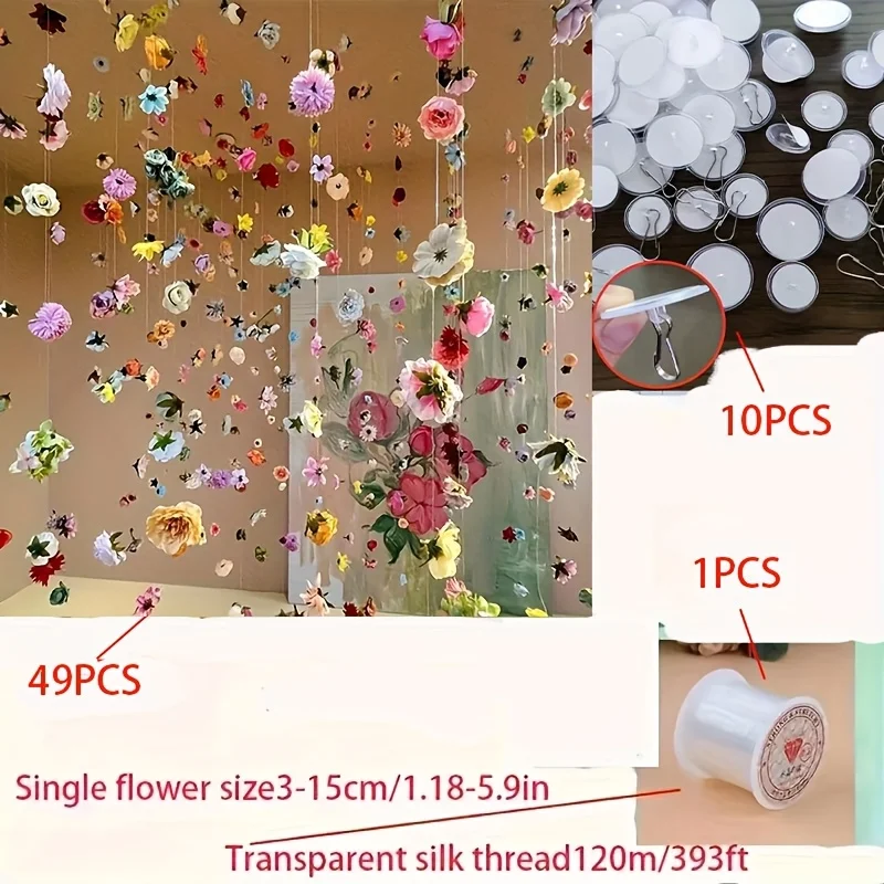 مجموعة مكونة من 60 قطعة من الزهور المزخرفة العائمة، وإكليل الزهور الاصطناعية على الطراز البوهيمي، تتضمن 393. خطوط صيد السمك مقاس 7 بوصات، قلادات DIY، زخارف زهور معلقة مشرقة، بتلات عائمة بألوان عشوائية، مشهد شلال المطر، مثالي لزينة الربيع والكريسماس