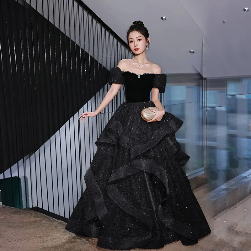 Black off-Shoulder Women's New Art Exam Graduation Skirt Temperament Banquet Dress