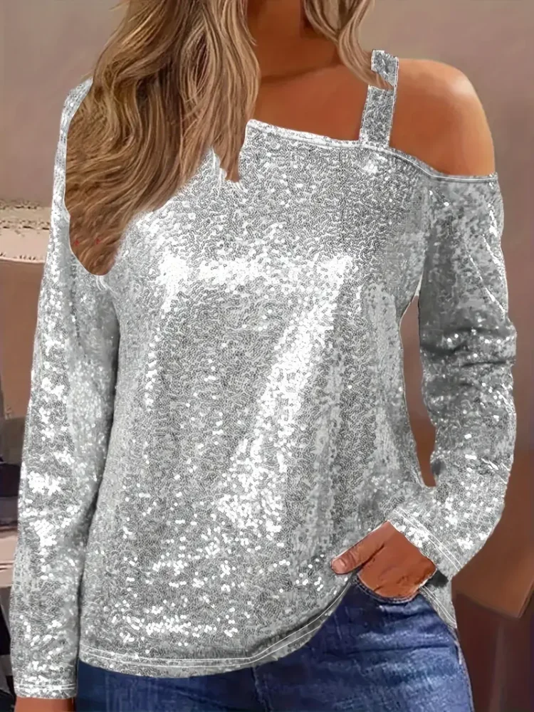 Plus Size Cold Shoulder T-Shirt Casual Sequin Long Sleeve T-Shirt Women\'s Plus Size Clothing