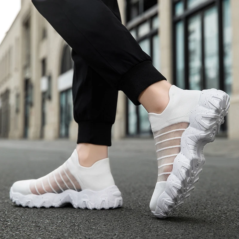 Unisex Breathable Elastic Mesh Slip-On Sneakers Summer  Hollow Soft Bottom Work Shoes Lightweight Comfortable Socks-Style Design