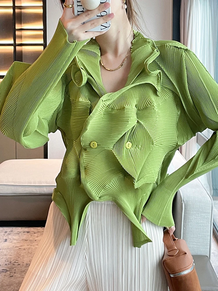 GVUW Pleated Irregular Jackets Women Lapel Double Breasted Full Sleeve Solid Color Versatile New 2024 Female Clothing 17G6638