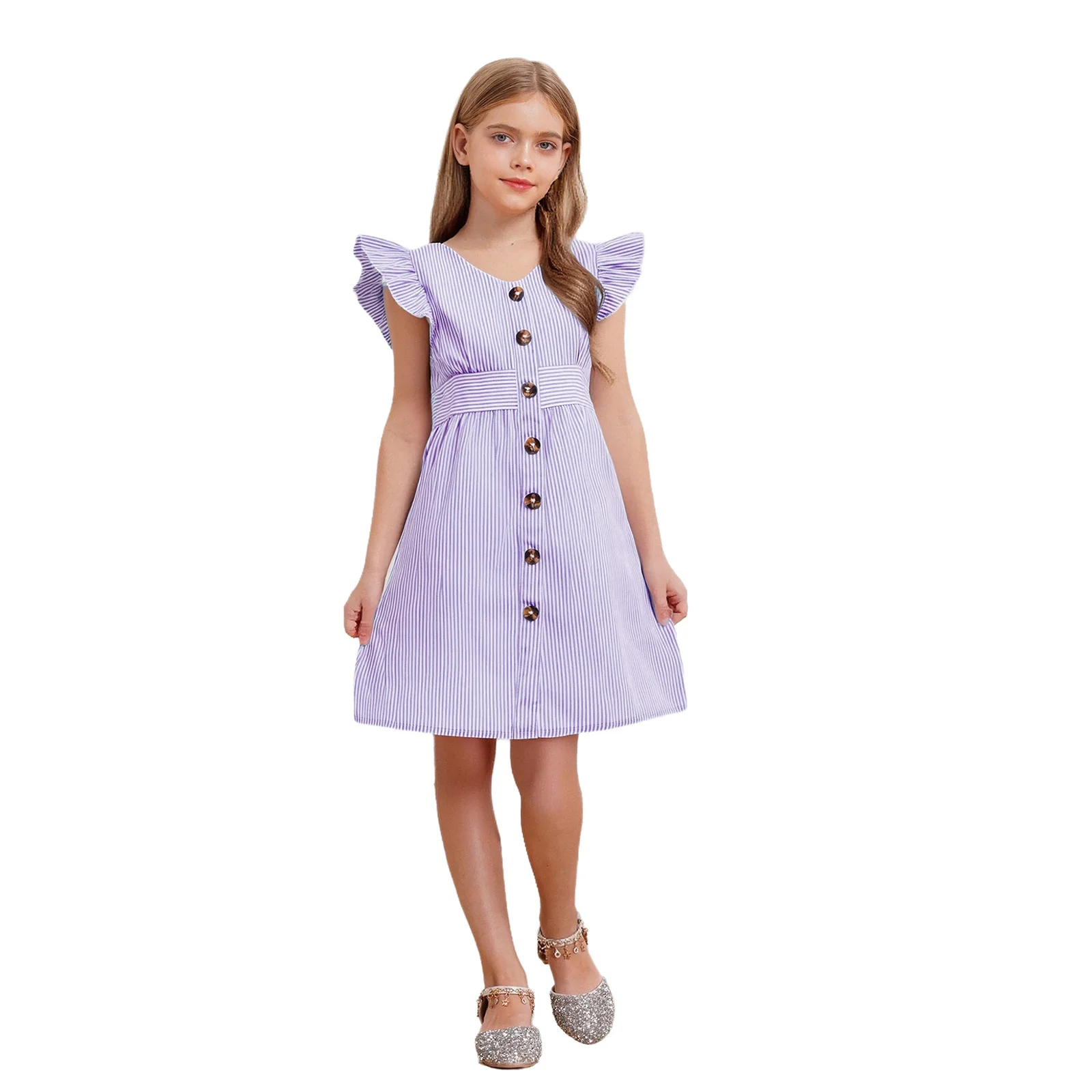 

Summer Kids Girls Dress V-Neck Ruffle Sleeves Decorative Buttons Striped Dresses for Birthday Party Wedding Holiday Travel Beach