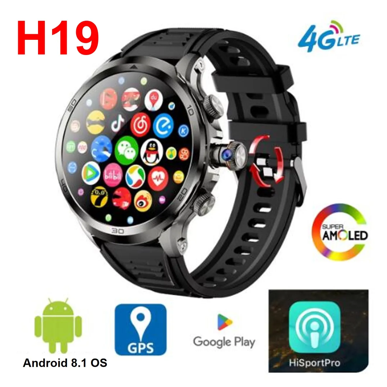 

H19 Смарт-часы 4G Android 8.1 OS GPS WIFI 4G SIM-карта 1,95 дюйма 466*466 Большой AMOLED-экран 3 ГБ/32 ГБ Smartwatch PK S998 DM100