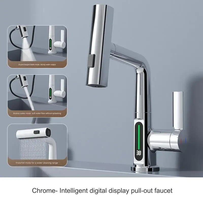 Waterfall Pull Out Kitchen Faucet White Intelligent Digital Display Cold Hot Mixer Taps Rotatable Sink Lifting Basin Faucet