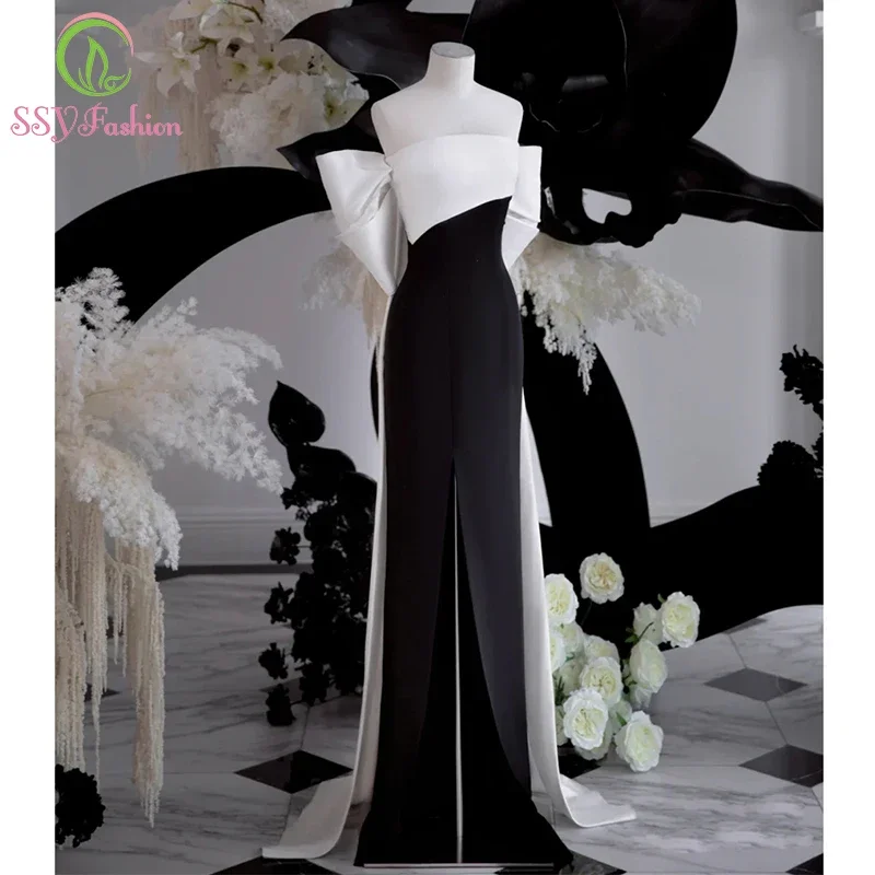 

SSYFashion Classic Black with White Satin Evening Dress Strapless Straight Simple Elegant Party Formal Gowns Vestidos De Fiesta