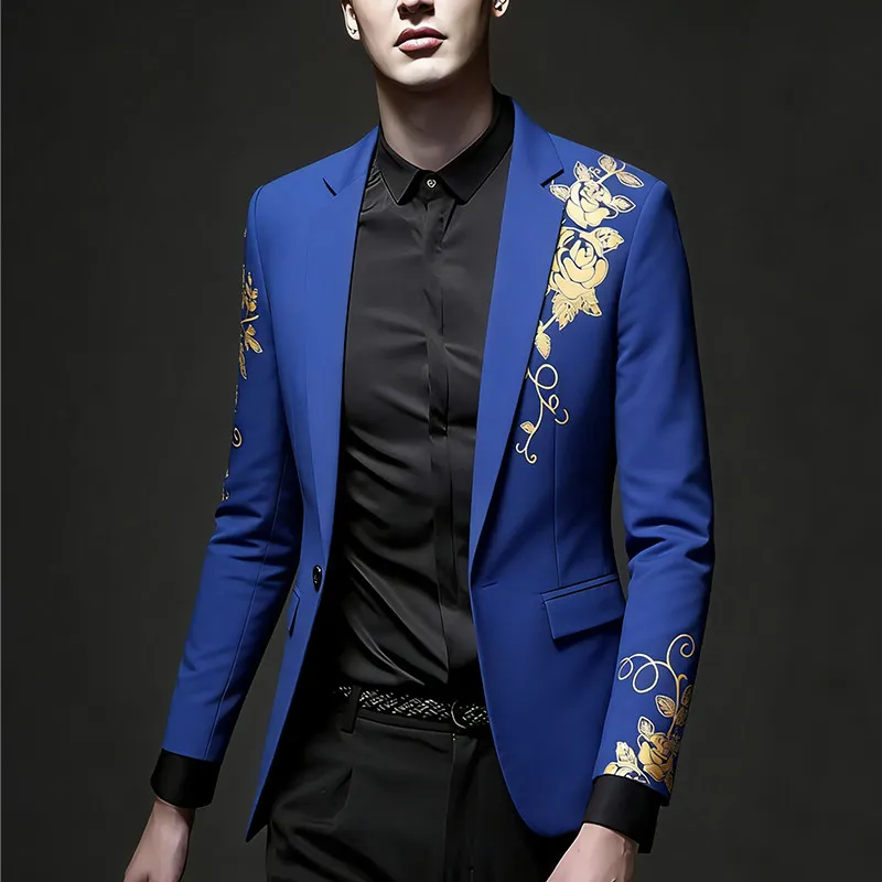 White Gold Stamp Printed Slim Fit Casual Disco Night Club Big Size Men's Suit Breathable Standard Edition Polyester Fiber