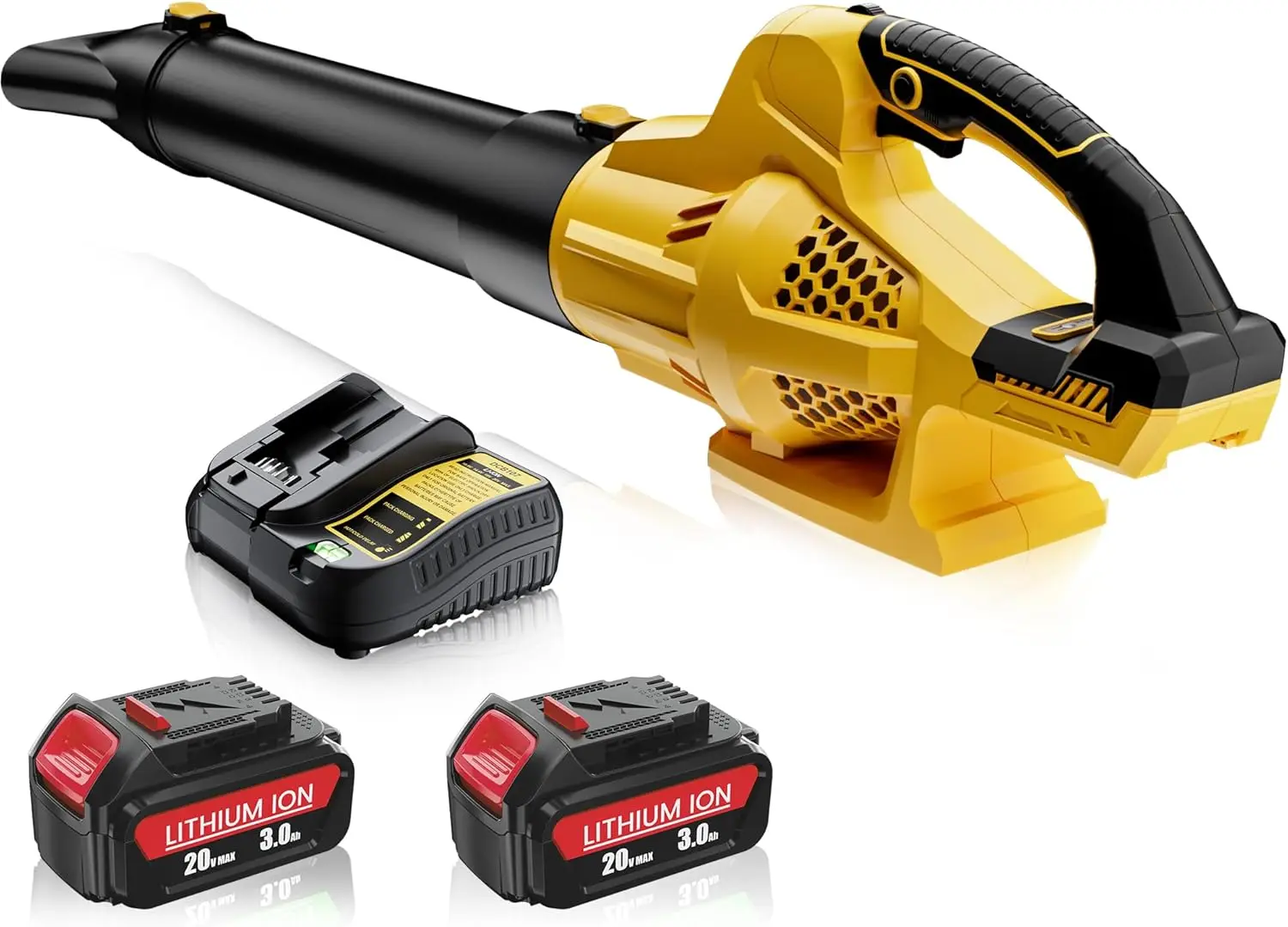 

Беспроводная воздуходувка для листьев с производительностью 500 CFM, 2 аккумуляторами и зарядным устройством, 6 режимов скорости для ухода за газоном и уборки снега