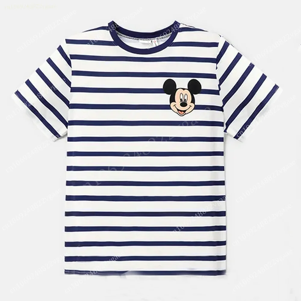 Summer Mickey Mouse Minni Stripe T Shirt For Kids Boy Girls Women Men Top Tee Family Clothes Costume Streetwear