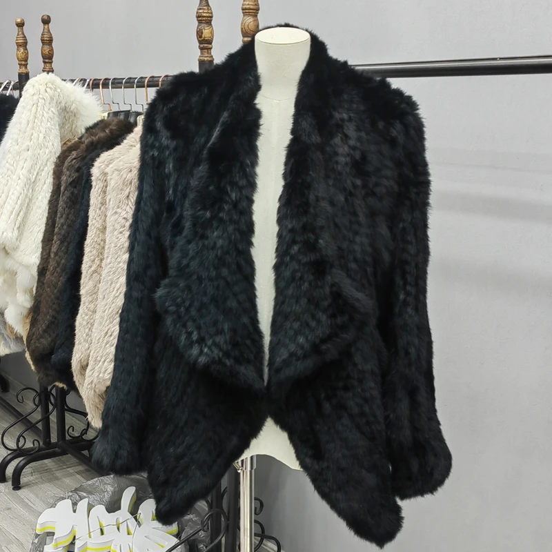 2026 Modischer Neuer Echter Kaninchenfell-Strickmantel, Hochwertiger Langarm-Lose-Schnitt-Mantel, Jacke, Damen-Wärmemantel, Echter Pelzmantel – Detail 4